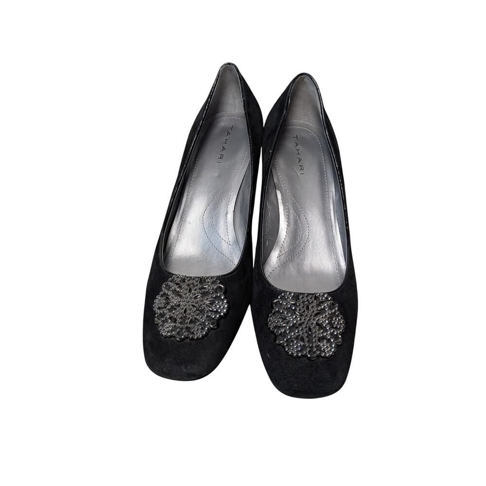 Tahari Women’s Sherry Black Dress Shoes Size 8.5M Embellished Suede  Block Heel